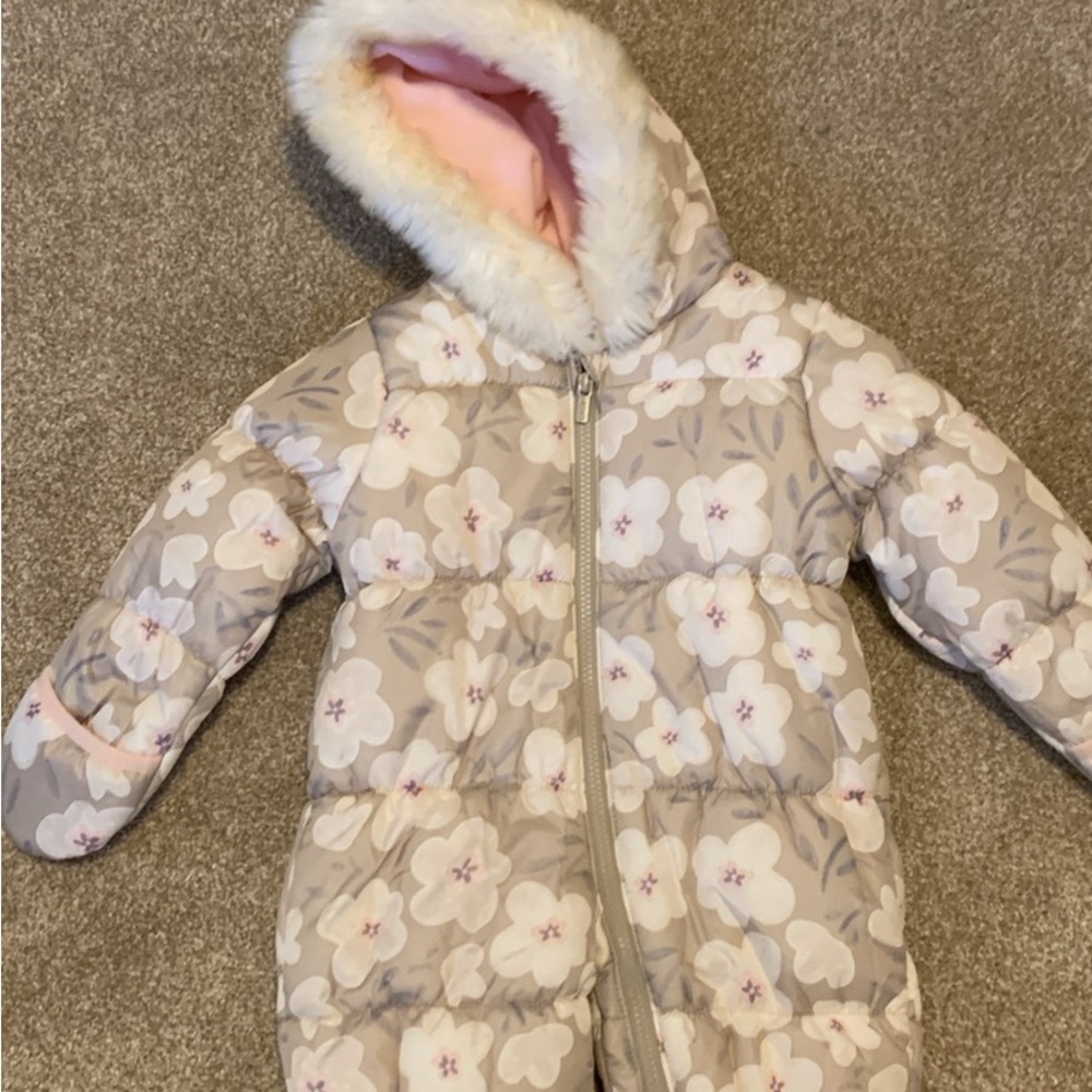 Floral Baby Snowsuit with Faux Fur Hood